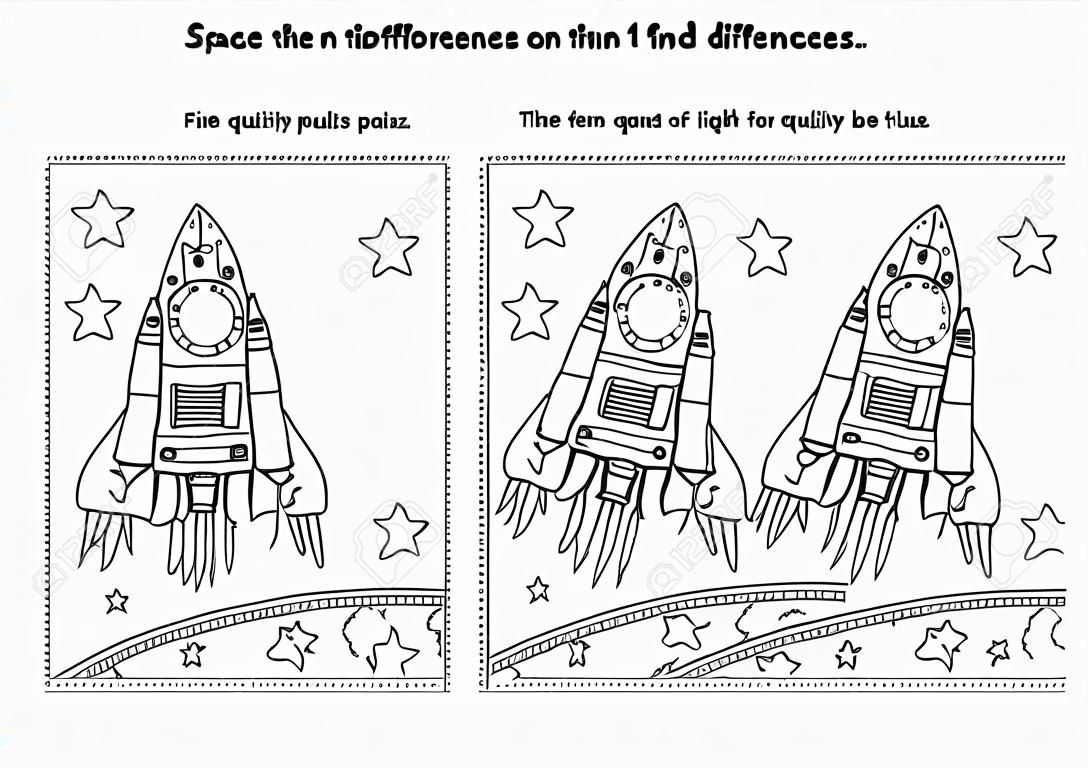 Space exploration themed find the ten differences picture puzzle and coloring page with rocket or spaceship, Earth and stars.