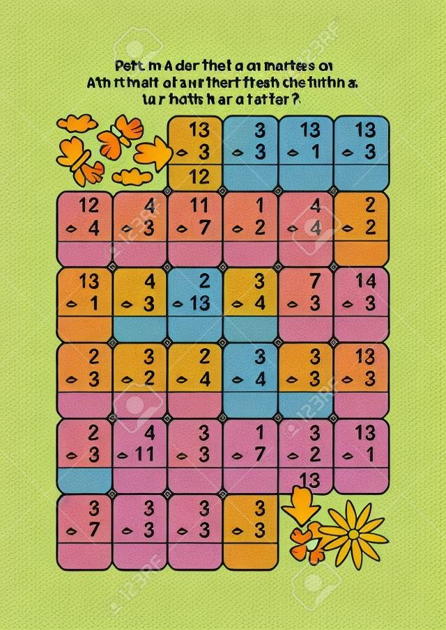 Математический лабиринт с дополнительными фактами: помогите бабочкам добраться до цветов. Создайте путь, проведя линию через квадраты с суммой 8, 10 или 12.