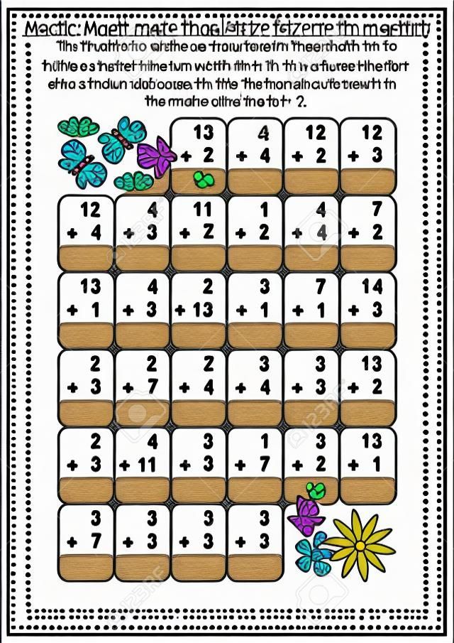 추가 사실이있는 수학 미로 : 나비가 꽃에 도달하도록 도와주세요. 합계가 8, 10 또는 12 인 상자에 선을 그려 경로를 만듭니다.