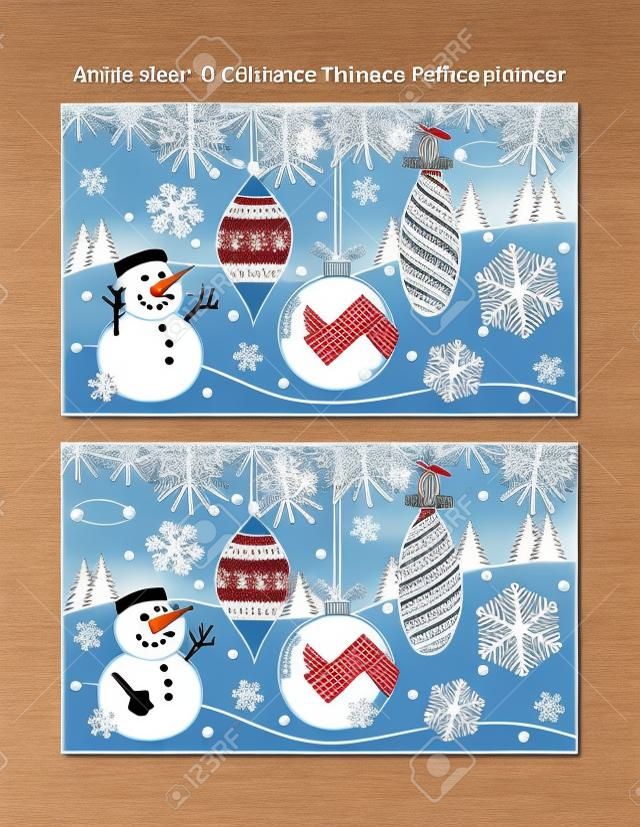 Winter holidays find the ten differences picture puzzle and coloring page with christmas tree ornaments and happy snowman