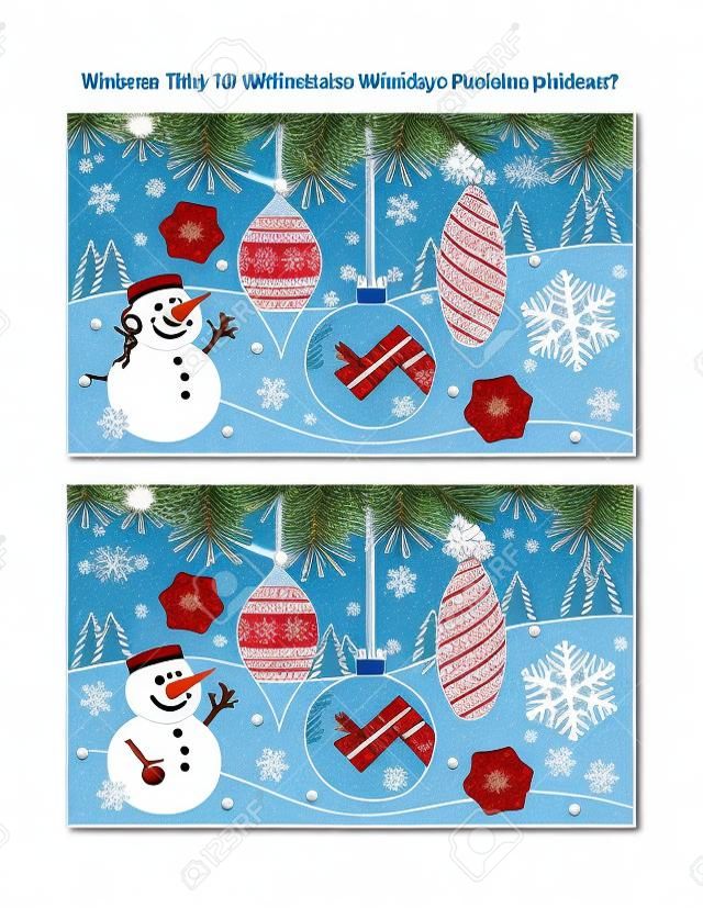 Vacaciones de invierno encuentra el rompecabezas de las diez diferencias y la página para colorear con adornos para árboles de Navidad y muñeco de nieve feliz