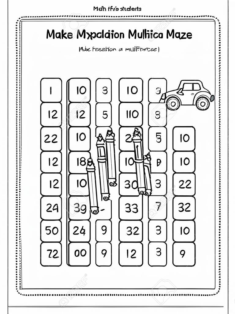 Math maze for young students to learn or reinforce multiplication facts up to100: Help the pencils find the way to the car and color it. Make a path by drawing a line through the boxes that have multiplication facts greater than 50.