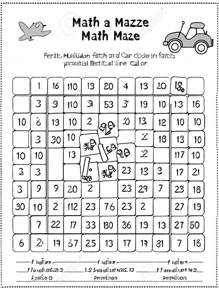 Math maze for young students to learn or reinforce multiplication facts up to100: Help the pencils find the way to the car and color it. Make a path by drawing a line through the boxes that have multiplication facts greater than 50.