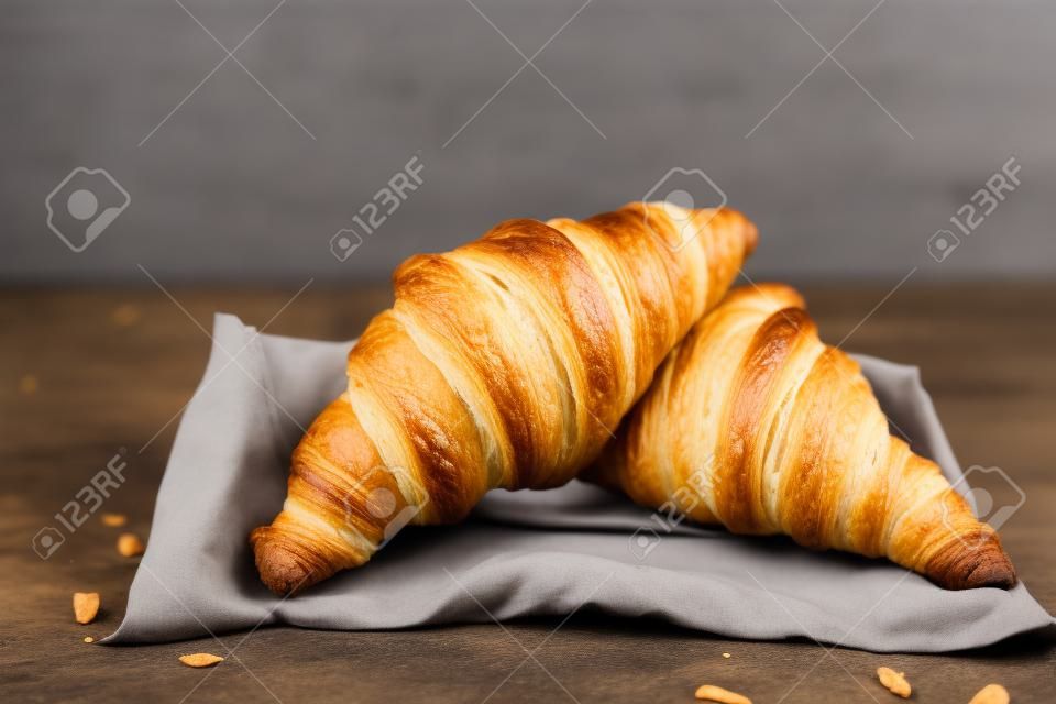 freshly baked croissants on grey wooden table
