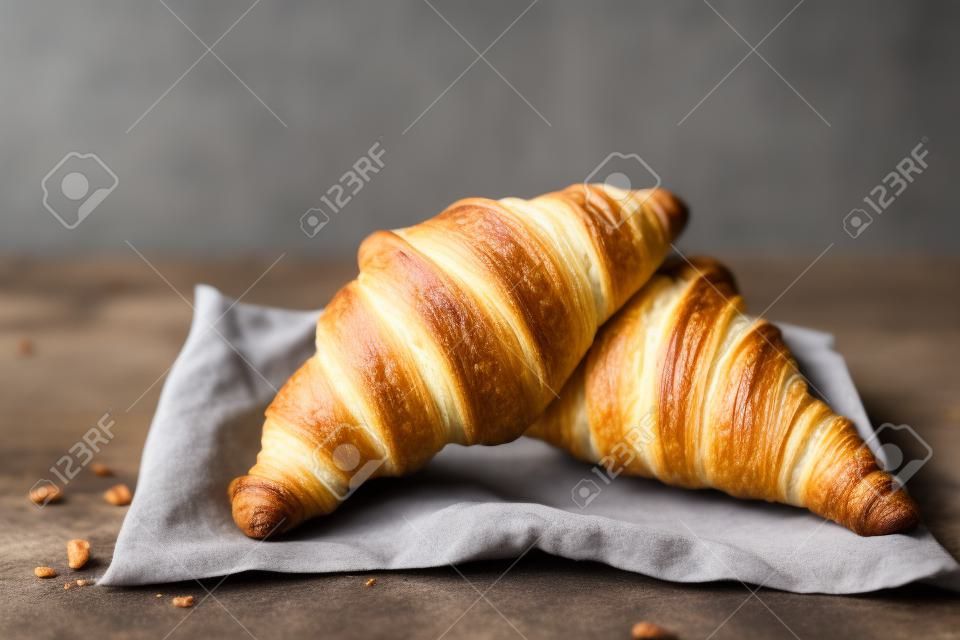 freshly baked croissants on grey wooden table