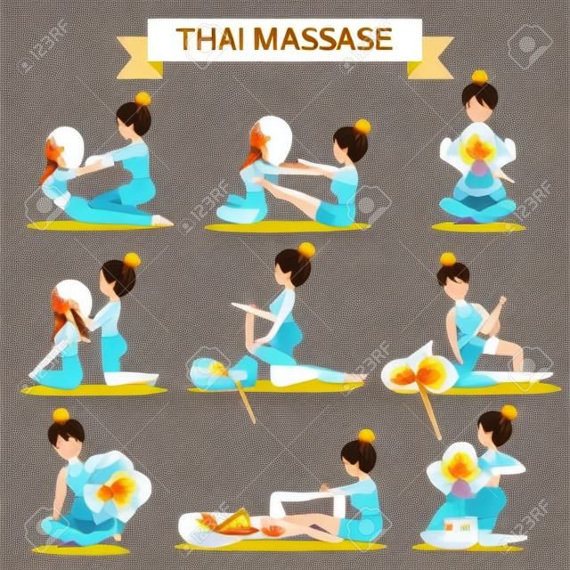 Conjunto de design de posições de massagem tailandesa para cura e relaxamento