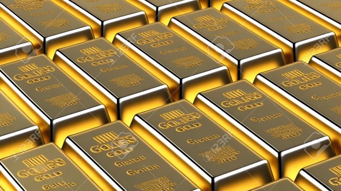 Rows of gold and silver bars close-up as background. 3D illustration