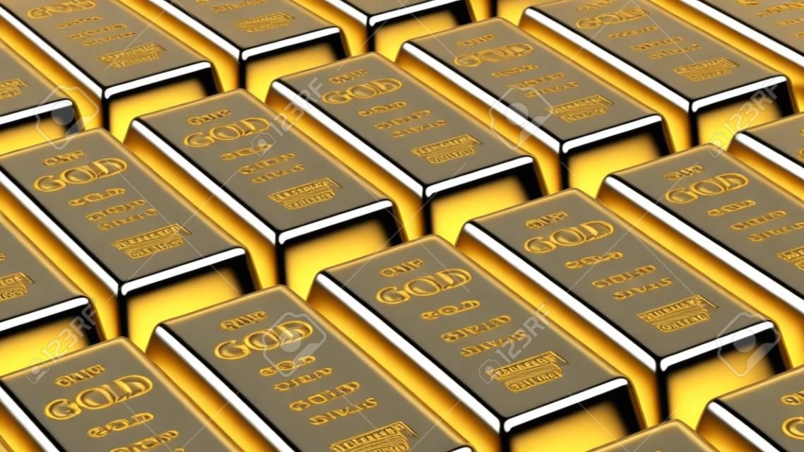 Rows of gold and silver bars close-up as background. 3D illustration