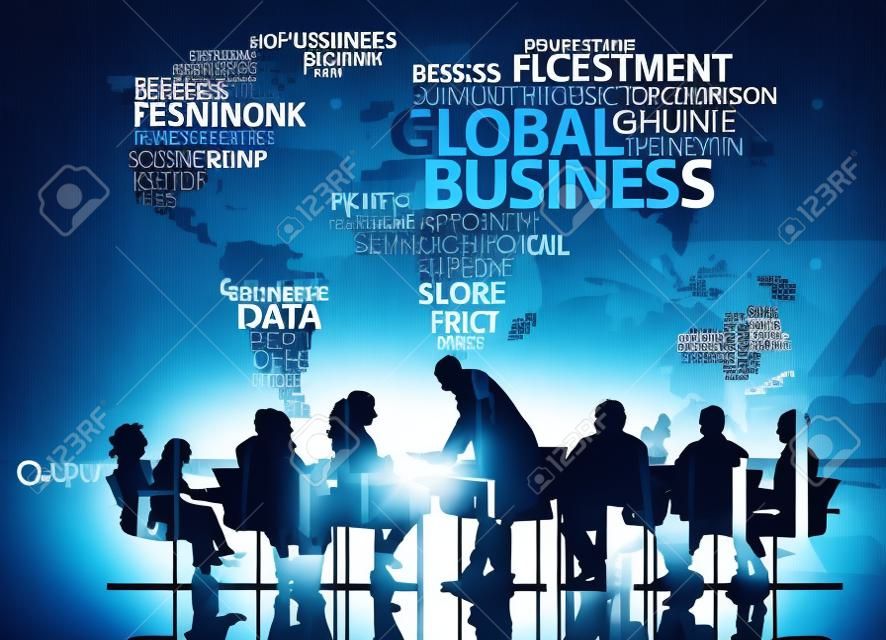 ビジネス人のシルエットの会議チームワーク グローバル ビジネスの概念