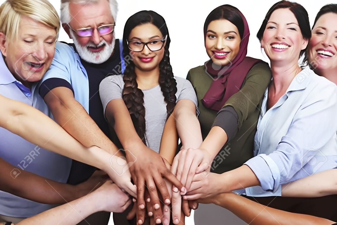 Group of people hands stack support together