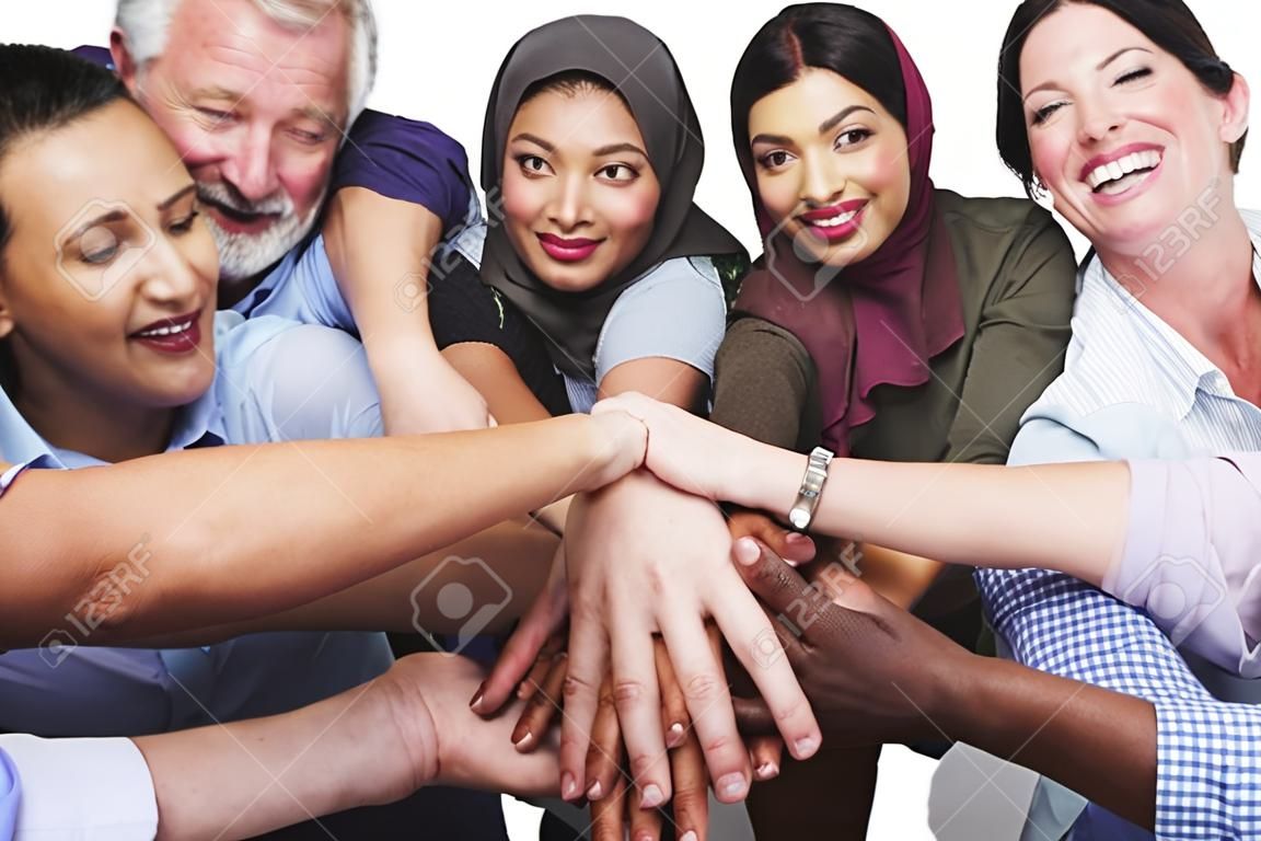 Group of people hands stack support together