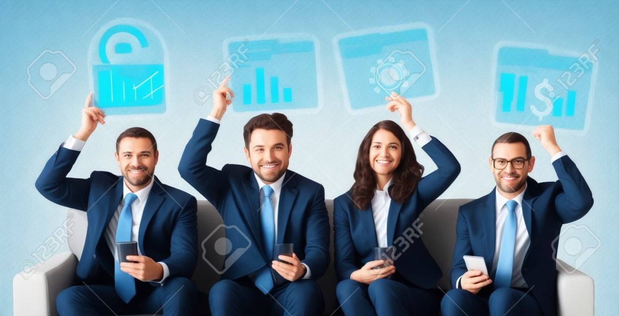 Business people sitting together with statistics icon