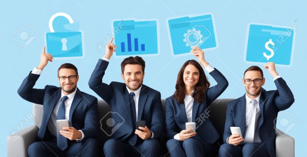 Business people sitting together with statistics icon