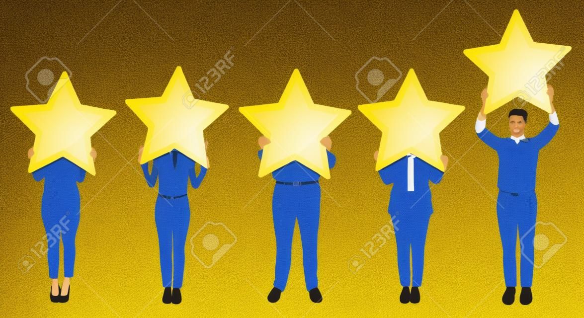 黄金の星評価シンボルを示す多様なビジネスマン