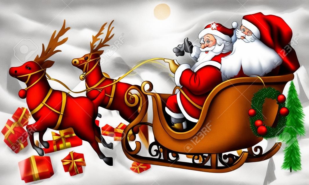 Handgezeichneter Weihnachtsmann, der einen Schlitten fährt und Geschenke liefert
