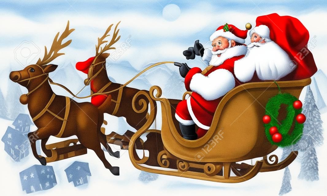 Mão desenhada Papai Noel montando um trenó entregando presentes