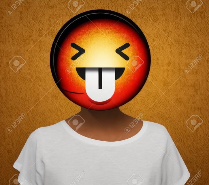 Funny face emoji portrait on a woman