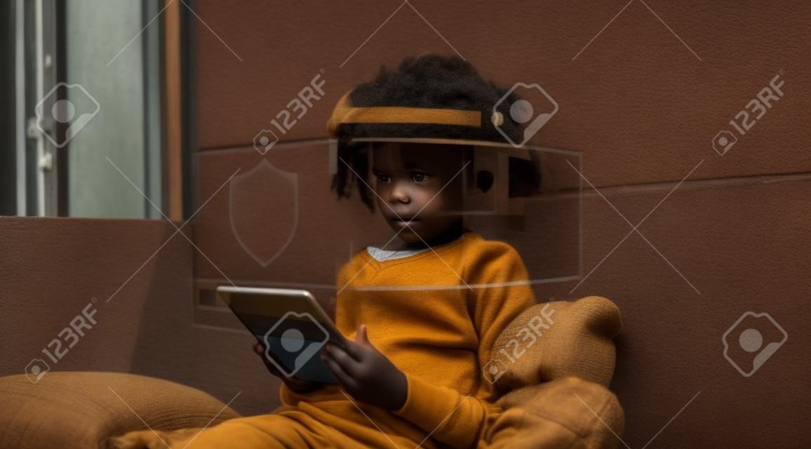 Young African kid using digital tablet