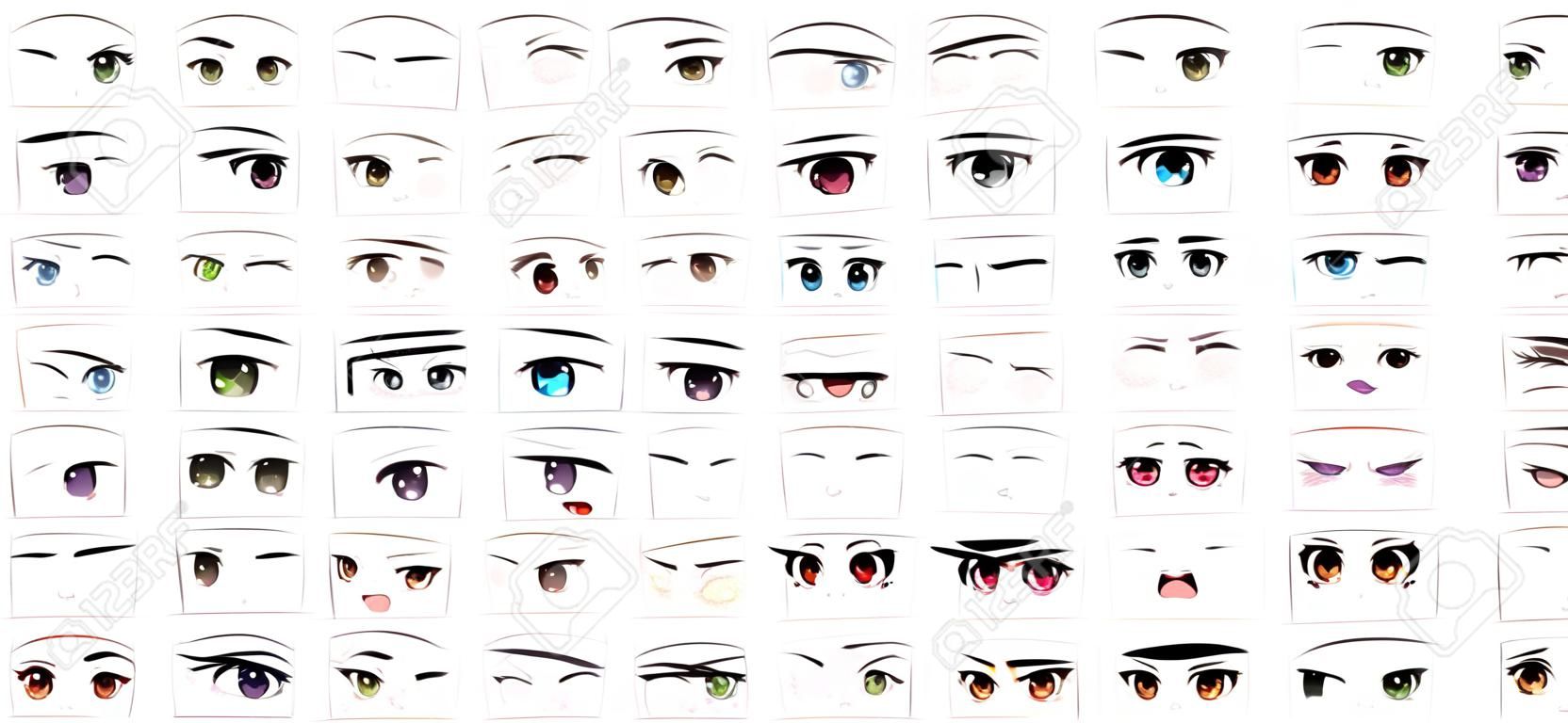 Set van Vector Cartoon Anime Style Expressies. Kawaii Leuke gezichten. Verschillende ogen, mond, wenkbrauwen. Vreugde. Woede. Kalmte. Anime meisje in het Japans. Anime stijl, getekende vector illustratie. Sketch. Big Set