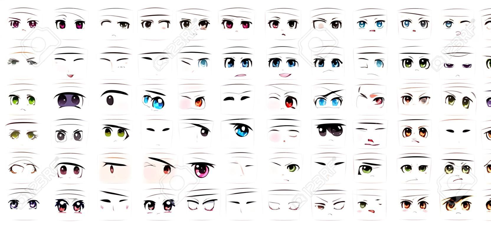 Set van Vector Cartoon Anime Style Expressies. Kawaii Leuke gezichten. Verschillende ogen, mond, wenkbrauwen. Vreugde. Woede. Kalmte. Anime meisje in het Japans. Anime stijl, getekende vector illustratie. Sketch. Big Set