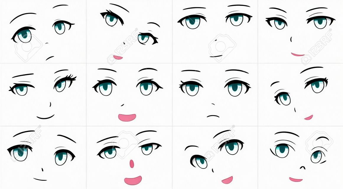 Zestaw wyrażeń w stylu anime kreskówka wektor. kawaii słodkie twarze. różne oczy, usta, brwi. radość. gniew. spokój. animowana dziewczyna po japońsku. styl anime, rysowane ilustracji wektorowych. naszkicować. duży zestaw