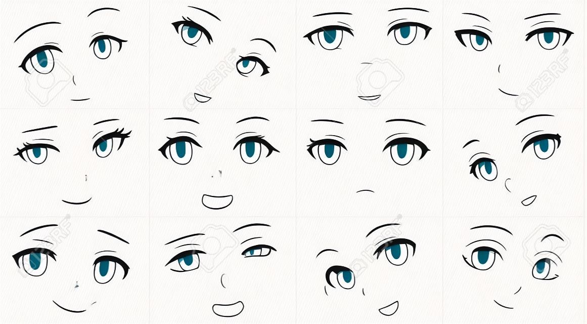 Set of Vector Cartoon Anime Style Expressions. Kawaii Cute Faces. Different Eyes, Mouth, Eyebrows. Joy. Anger. Calmness. Anime girl in japanese. Anime style, drawn vector illustration. Sketch. Big Set