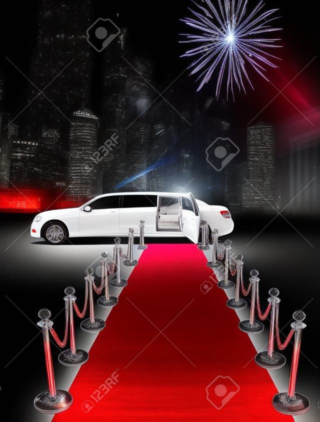 Weiße Limousine und roten Teppich in der Nacht