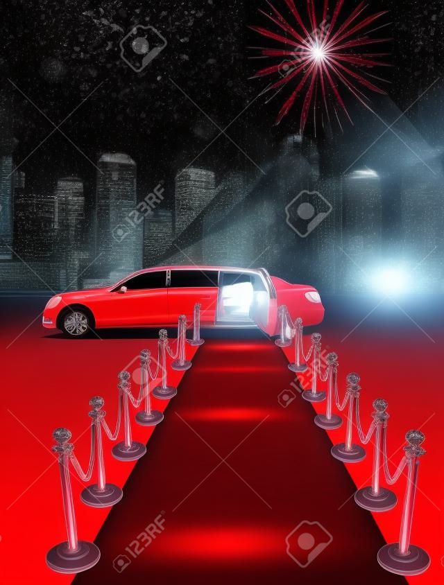 Biała limuzyna i czerwony dywan w nocy