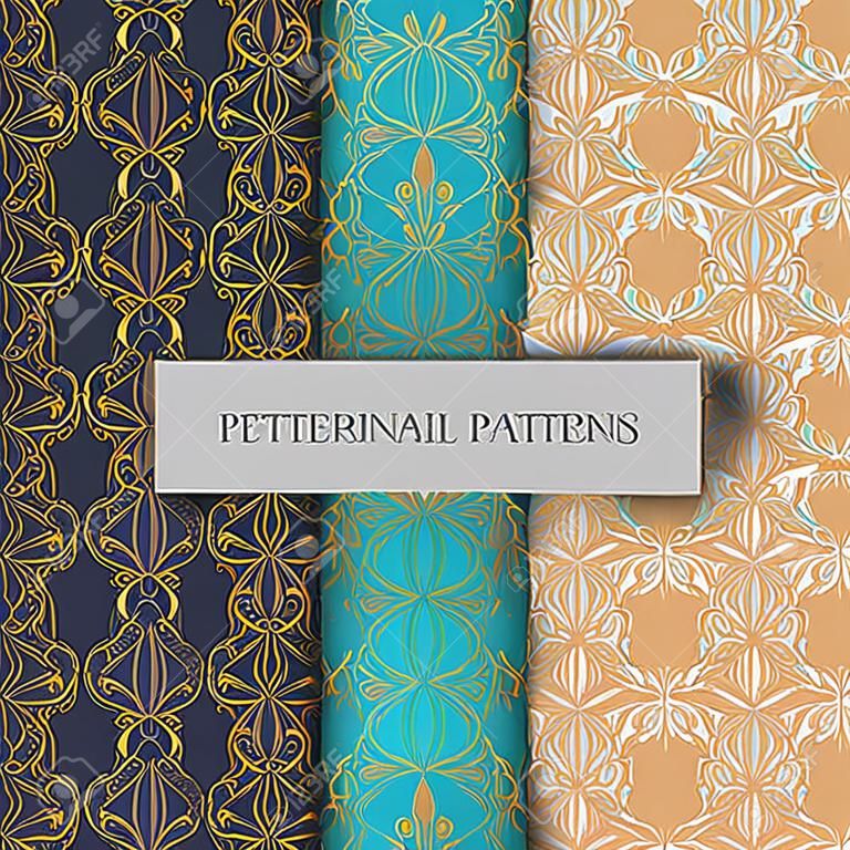 Conjunto vintage de patrones con motivos naturales. Patrón de estilo art nouveau vintage con mariposas. Adorno de objetos estilizados.