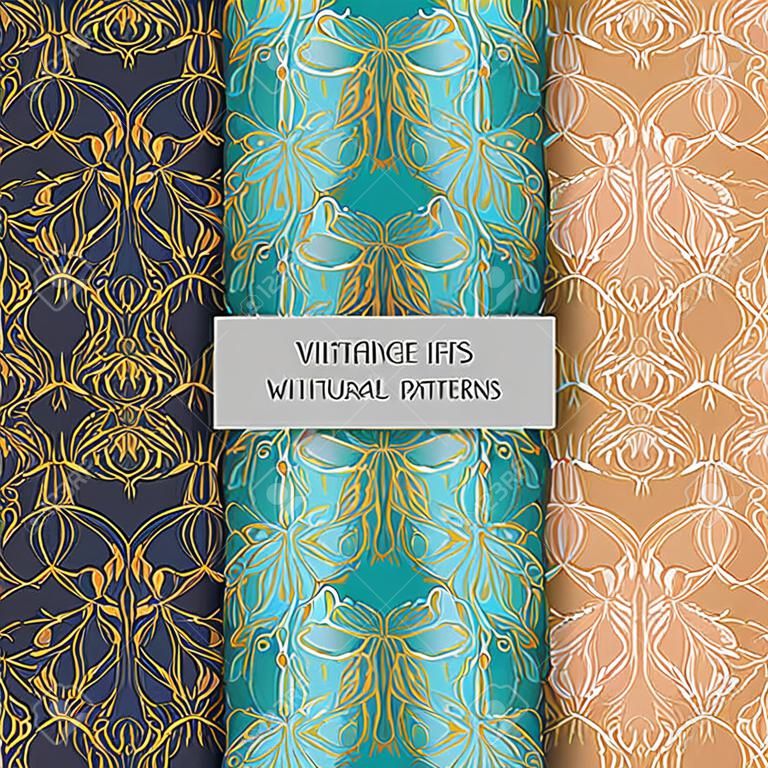 Vintage set of patterns with natural motifs. Vintage art nouveau pattern with butterflies. Ornament from stylized objects.