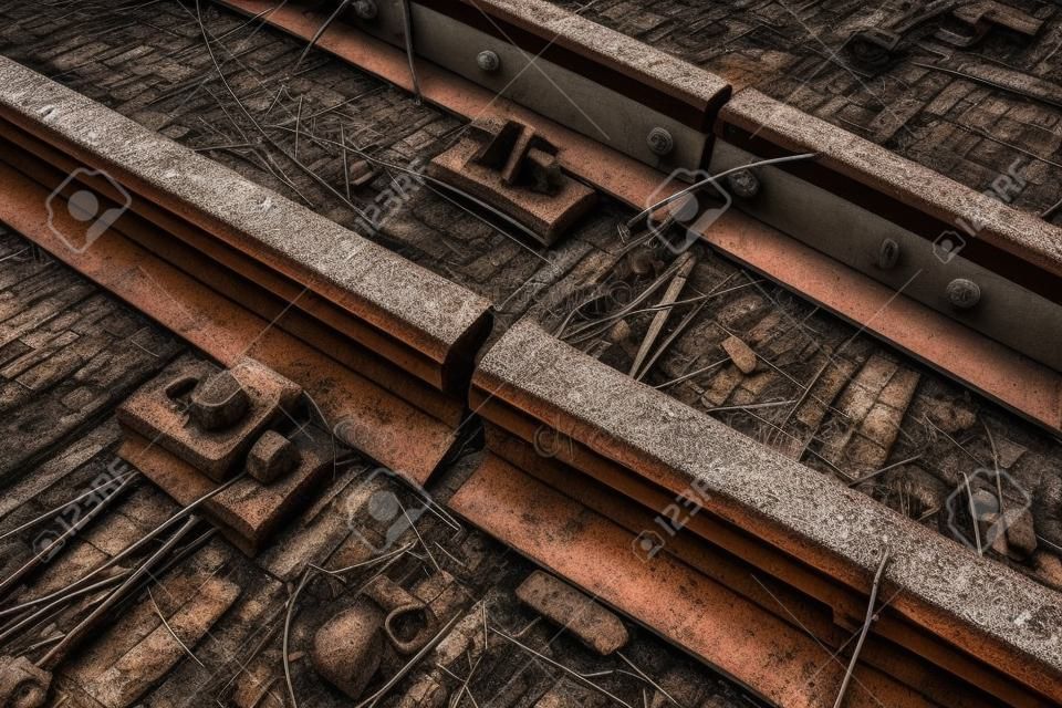 Detail von alten rostigen Schienen in verlassenem Bahnhof. Rostiges Zugbahndetail, Granitsteine zwischen Schienen