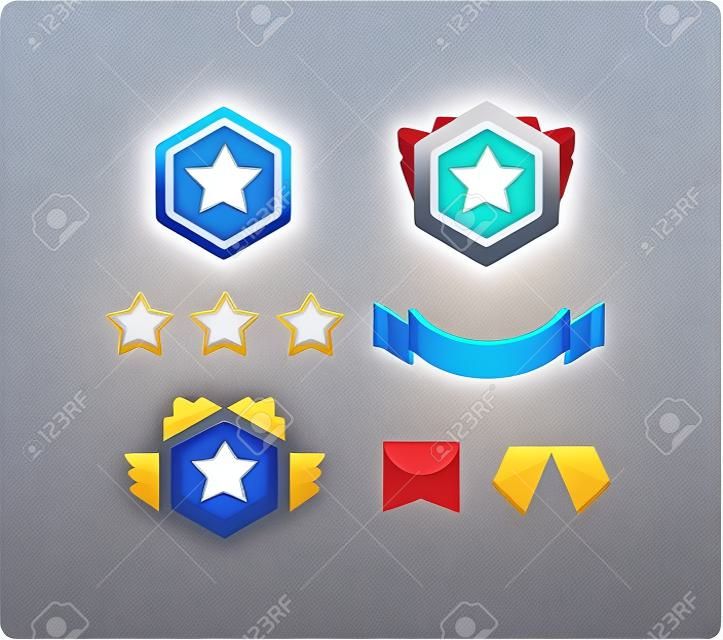 Game star vector constructor. Collection icon design for game, ui, banner, design for app, interface, gui development. Receiving the cartoon achievement game screen.