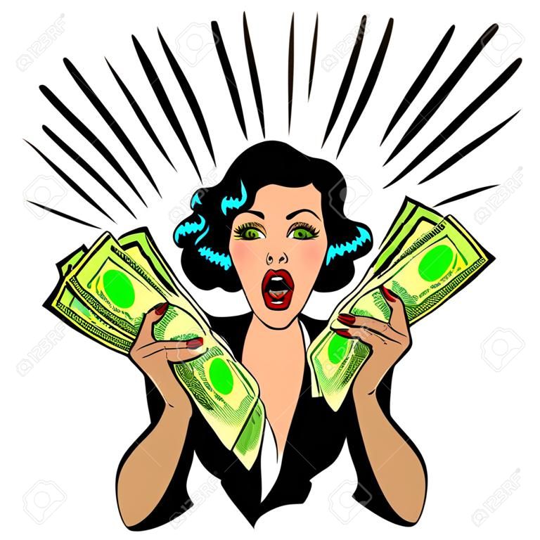Ilustración vectorial de una mujer retro Holding Handfulls de dinero en efectivo y conmocionado