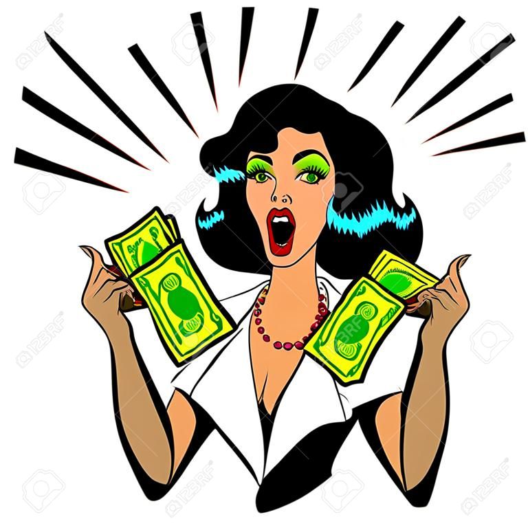 Ilustración vectorial de una mujer retro Holding Handfulls de dinero en efectivo y conmocionado
