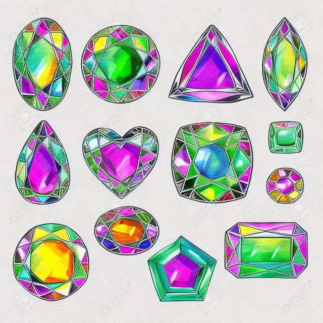 Conjunto de joyas de colores. Piedras preciosas dibujadas a mano. Ilustración del estilo del bosquejo.