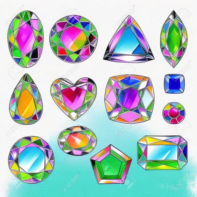 Conjunto de joyas de colores. Piedras preciosas dibujadas a mano. Ilustración del estilo del bosquejo.