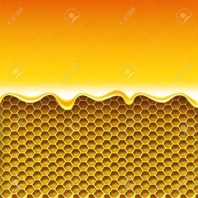 Glanzend geel patroon met honingraat en zoete honing druppels. Lieve achtergrond.