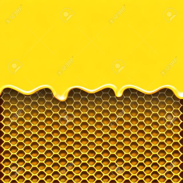 Błyszczący żółty wzór z plastra miodu i słodkiego miodu kroplówek. Słodkie tło.