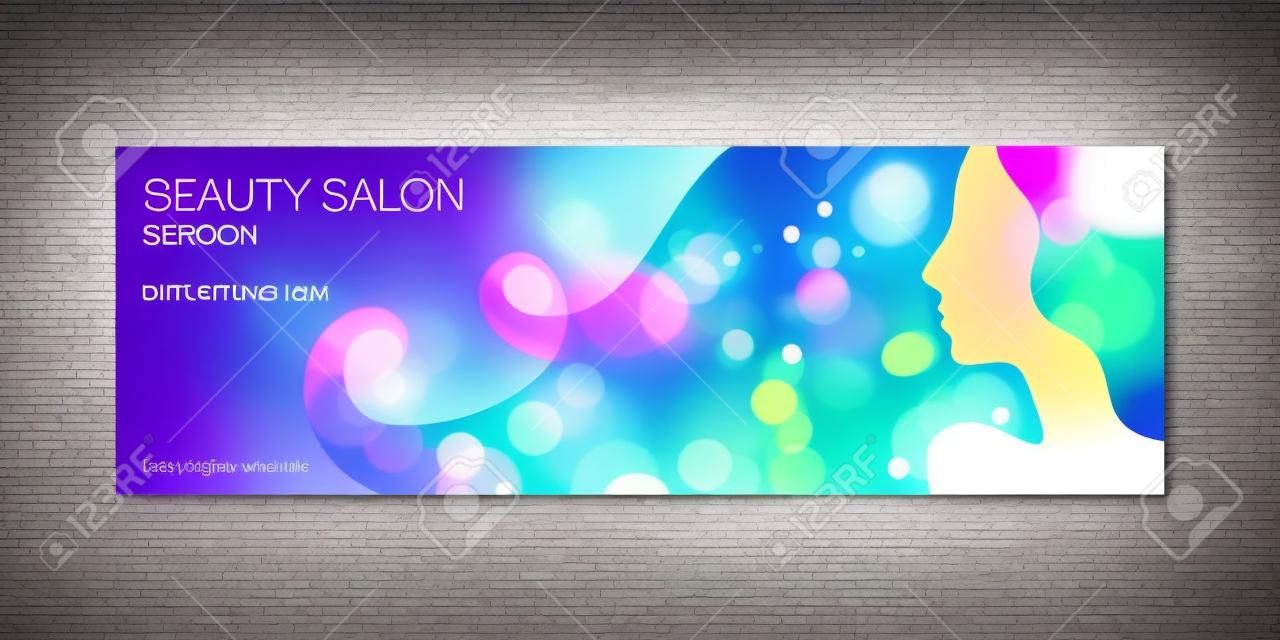 Beautiful girl spa salon banner template. Colorful glow bokeh background with ladys silhouette.
