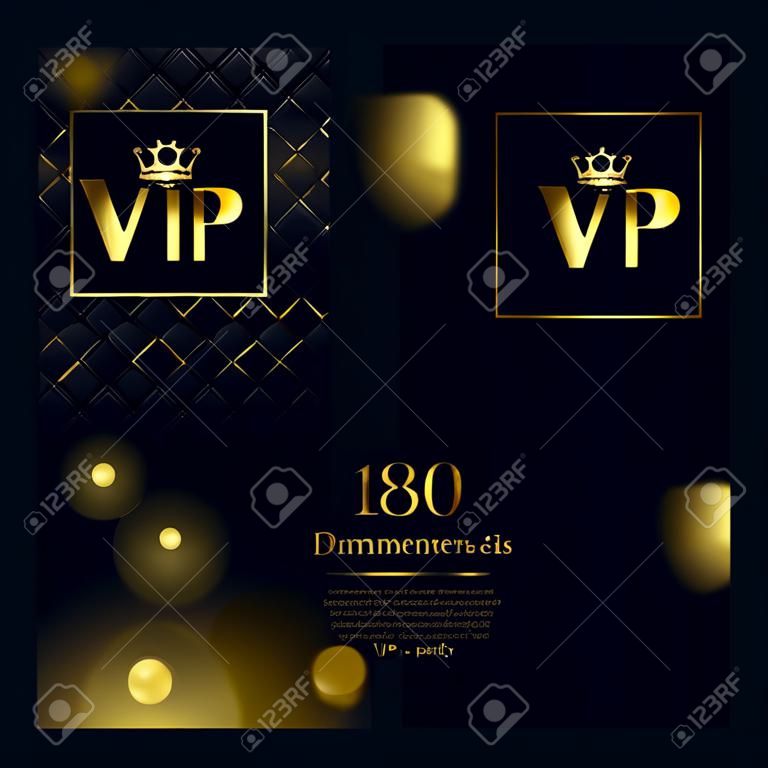 VIP party premium invitación tarjetas carteles volantes. Conjunto de plantillas de diseño negro y dorado. Bokeh resplandor y fondo decorativo de patrón marchito. Letras facetadas de mosaico.