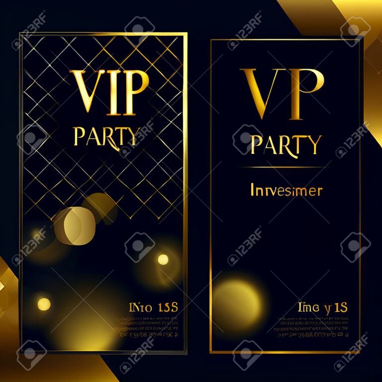 VIP party premium invitation cards posters flyers. Black and golden design template set. Glow bokeh and wuilted pattern decorative background. Mosaic faceted letters.