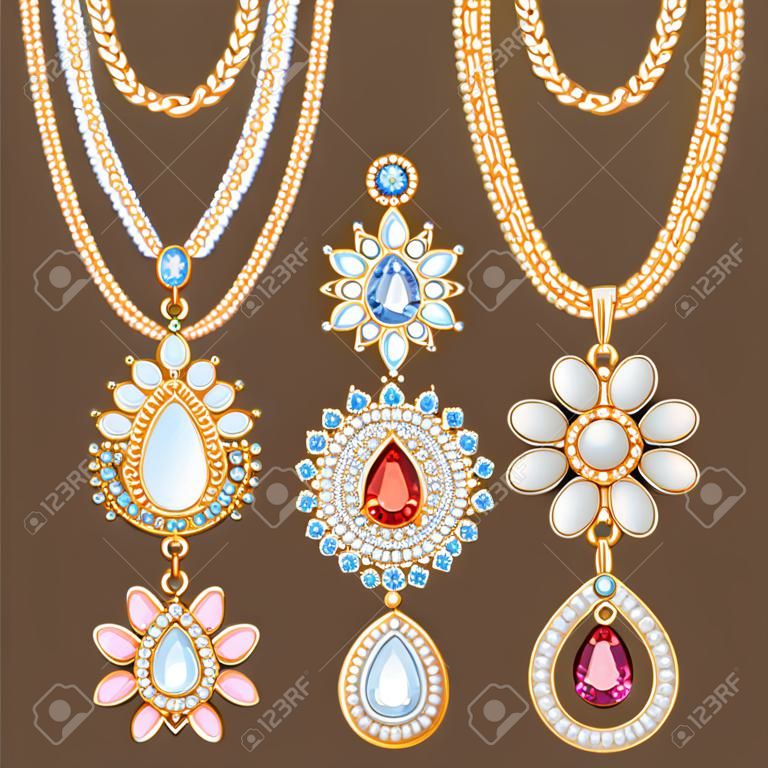 Conjunto de cadenas de oro con diferentes colgantes. Collares preciosos. Étnicos indios broches de estilo colgantes con piedras preciosas perlas. Incluir cadenas pinceles.