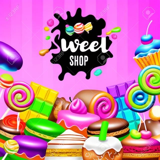 Assorted sweets colorful background with chocolate splash drop blot. Lollipops, cake, macarons, chocolate bar, candies and donut on shine background. Sweet shop.