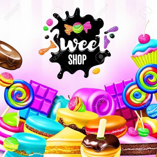 Assorted sweets colorful background with chocolate splash drop blot. Lollipops, cake, macarons, chocolate bar, candies and donut on shine background. Sweet shop.