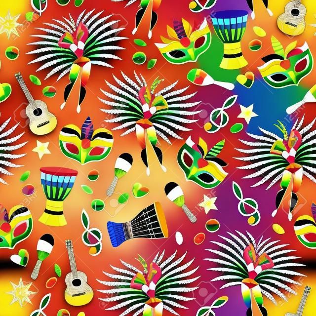 Braziliaanse carnaval achtergrond kleurrijke vector illustratie. Brazilië symbolen iconen naadloos patroon. Gitaar drum samba danser carnaval masker confetti textuur. Goed voor cover uitnodiging flyer wenskaart ontwerp.