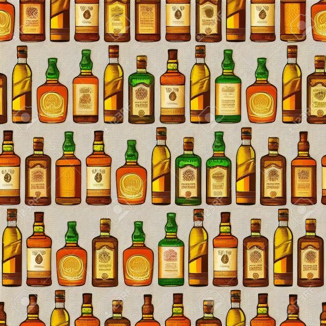 bottiglie di Whisky seamless background. Forte illustrazione alcol. Drink bar menu design partito.