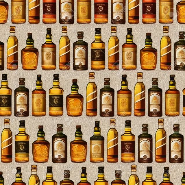 Whisky butelki bezszwowe tło wzór. Silne ilustracji alkoholu. Drink bar projektowania menu ze stron.