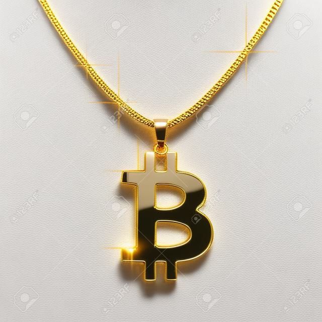 Bitcoin sign jewelry necklace on golden chain.