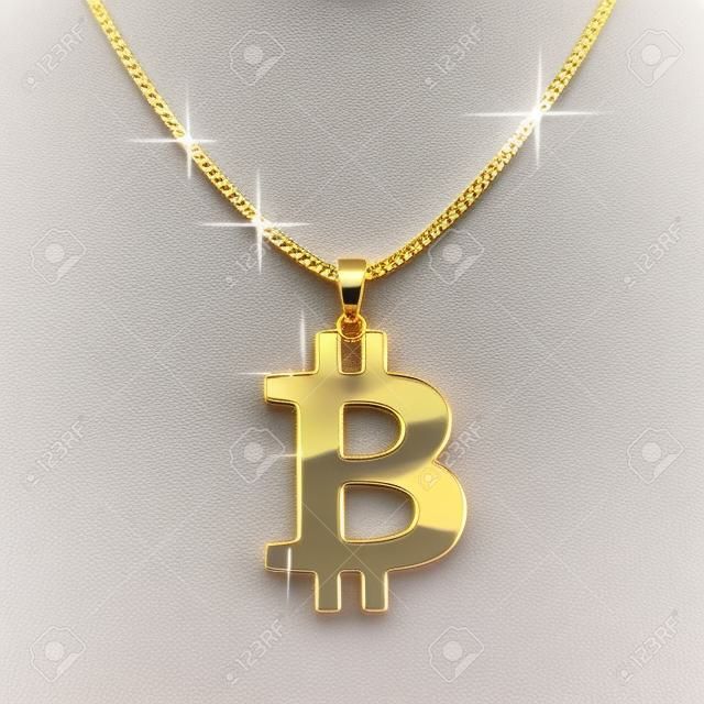 Bitcoin sign jewelry necklace on golden chain.