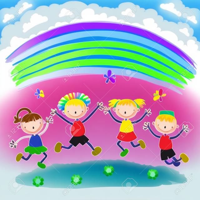 Niños saltando con alegría en una colina bajo el arco iris, dibujos animados de colores